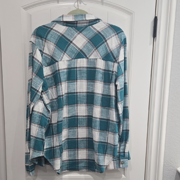 Zenana Teal and White Plaid Button-Up Shirt - Picture 2 of 3